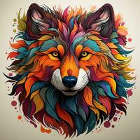 AI generated Vibrant and colorful wolf head with leaves adorning its fur stands out against a white background, creating a stunning and magical image. photo