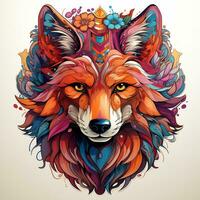 AI generated A digital art illustration of a colorful fox head with a crown of flowers on a white background. The fox has bright orange fur and green eyes, and its crown is made of a variety photo