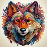 AI generated This enchanting image depicts a vivid wolf head with colorful fur and leaves adorning its crown. The wolf's eyes are piercing and intelligent, and its expression is one of mystery photo