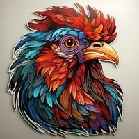 AI generated This stunning digital artwork depics the head of a majestic rooster with vibrant colors and intricate details. The rooster's feathers are meticulously rendered, showcasing the iridescence photo