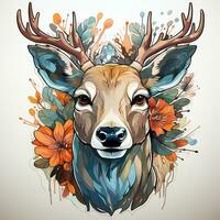 AI generated A digital illustration of a deer head with flowers on a white background. The deer has soft brown fur, large brown eyes, and antlers decorated with a variety of flowers photo