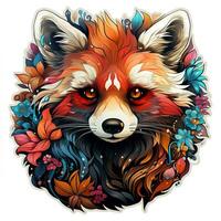 AI generated This colorful digital artwork depicts a red panda surrounded by flowers and leaves on a white background. The red panda is looking directly at the viewer photo