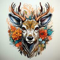AI generated A close-up digital illustration of a deer head with antlers and flowers on a white background. The deer has soft brown fur, large brown eyes, and antlers decorated photo