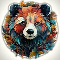 AI generated A whimsical and inviting digital painting of a panda head in a circle of colorful leaves and flowers. The panda has a friendly expression on its face and its eyes are bright photo