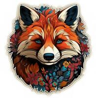 AI generated Whimsical digital artwork of a red panda with flowers in its fur, floating in mid-air on a white background. The red panda is surrounded by a variety of colorful flowers photo