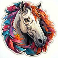 ai generado un vibrante y caprichoso ilustración de un blanco caballos cabeza con un fluido melena y plumas en un arco iris de colores. el caballos ojos son brillante y expresivo, y sus bozal foto