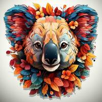 AI generated Digitally painted psychedelic portrait of a koala sitting on a tree branch, surrounded by flowers and mushrooms. The koala's fur is bright and colorful photo