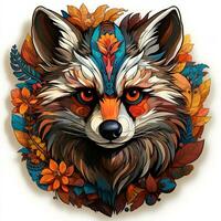AI generated Digital artwork of a colorful racoon head with leaves and flowers on a white background. The racoon is looking directly at the viewer with its big, bright eyes. photo