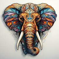 ai generado linda dibujos animados ilustración de un vistoso elefante cabeza con un corona y flores en un blanco antecedentes. el elefante tiene grande azul ojos, un largo trompa, y grande orejas. foto