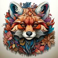 AI generated Digital artwork of a colorful red panda with flowers on its head, looking directly at the viewer. The red panda fur is bright and vibrant, and the flowers are arranged in a variety photo