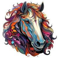 AI generated A mesmerizing and ethereal illustration of a horse's head with a flowing mane and feathers in vibrant shades of purple, blue, and green. The horse's eyes are bright and intelligent photo