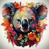 AI generated Digitally painted watercolor portrait of a koala with blue hair and flowers in her hair. koala face is turned to the side and she is looking at the viewer. photo