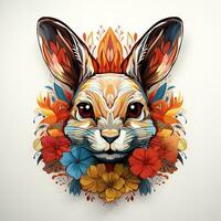 AI generated Digital art of a colorful rabbit head with flowers on a white background. The rabbit is looking directly at the viewer, with big, expressive eyes. photo