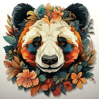 AI generated Digital painting of panda bear's head surrounded by a vibrant array of flowers and leaves. The panda has a peaceful expression on its face and its eyes are closed, as if enjoying a moment photo