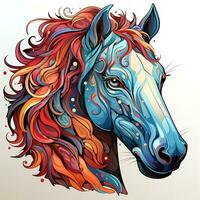 ai generado un visualmente maravilloso digital Arte ilustración de un caballos cabeza con un fluido melena y plumas en un vibrante y llamativo color paleta. foto