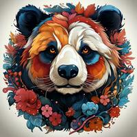 AI generated A whimsical and inviting digital painting of a colorful panda head in a circle of vibrant leaves and flowers. The panda has a friendly expression on its face and its eyes are bright photo