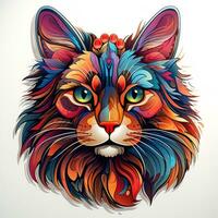 AI generated Vivid digital art of a cat head with a flowing lion mane. The cat eyes are bright and piercing, and its expression is one of determination and strength. The mane is rendered photo