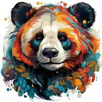 AI generated A whimsical and heartwarming digital painting of a panda bear's head wearing a crown of colorful flowers. The panda has a peaceful expression on its face and its eyes are closed photo