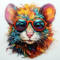 AI generated Digital artwork of a rat wearing sunglasses, looking directly at the viewer. The rat fur is brightly colored and patterned, and the sunglasses are a cool and stylish photo