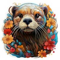 AI generated Digital painting of a sea beaver floating on back in water surrounded by flowers. beaver has serene expression and eyes closed, flowers vibrant and colorful. Peaceful and calming image. photo