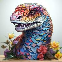 AI generated Digital artwork of a rattlesnake with colorful flowers in its fur, looking directly at the viewer. The rattlesnake fur is white and fluffy, and the flowers are arranged photo