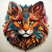 AI generated Striking digital art of a cat head, its fur rendered in a mesmerizing pattern of swirling colors. The cat eyes are bright and intelligent, and its expression is one of curiosity photo