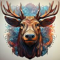 AI generated This mesmerizing digital art depicts a moose head with antlers silhouetted against a mandala in the background. The moose head is rendered in a realistic style, with its fur and antlers photo