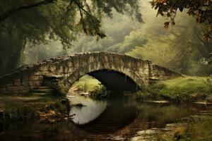 AI generated Stone bridge in a misty forest with reflections in the water, Vintage bridge , AI Generated photo