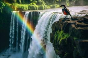 ai generado arco iris terminado iguazú caídas, argentina, sur America, cascada en kauai con arco iris y pájaro gastos generales, ai generado foto