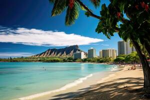 AI generated Panoramic view of Waikiki Beach in Honolulu, Hawaii, Waikiki Beach and Diamond Head Crater including the hotels and buildings in Waikiki, Honolulu, Oahu island, Hawaii, AI Generated photo