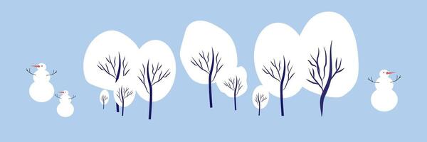 A snowy park trees. People make snowman and sledding in forest. Concept of active recreation. Happy winter holidays. Vector