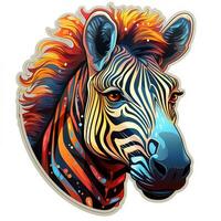 AI generated This mesmerizing digital art depicts a mystical zebra head with colorful fur and glowing eyes emerging from the darkness. The zebra expression is one of ancient wisdom photo
