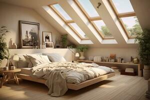 AI generated bedroom with a large bed, dresser, and rug, lit by a skylight. Decorated in a neutral color palette with white walls and light wood furniture. The large bed provides to relax photo