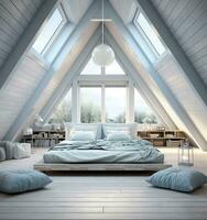 AI generated Bright and airy bedroom with a large bed, skylight, and sloped ceiling. The room is decorated in a minimalist style with white walls and light wood furniture, creating a relaxing photo