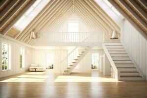 AI generated Inviting empty attic with wooden staircase, skylight, and exposed beams, illuminated by soft natural light. The room is spacious and bright, with a unique character created by the ceiling photo