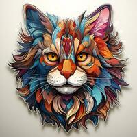 AI generated Vivid digital art of a cat head with a flowing lion mane. The cat eyes are bright and piercing, and its expression is one of determination and strength. The mane is rendered photo