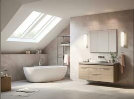 AI generated Bright and airy bathroom with a bathub, shampoo, mirror, rug, and skylights. The room is decorated in a minimalist style with white walls, light wood furniture, and pops of color photo