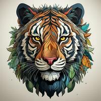 ai generado esta cautivador digital obra de arte representa un vistoso Tigre con hojas en sus cabeza y un feroz mirada. el Tigre piel es un vibrante tapiz de matices, desde profundo naranjas a ardiente rojos foto