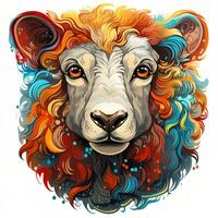 ai generado esta encantador digital obra de arte representa un caprichoso oveja con un leon melena retozando en un campo de flores el ovejas melena es un vibrante cascada de colores, contrastando foto