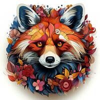 AI generated This whimsical digital artwork depicts a red panda with flowers on its head, looking directly at the viewer with a mischievous expression. The panda fur is a vibrant shade of red photo