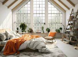 AI generated Cozy bedroom with a bed, chair, shelves, and plants. The room is decorated in a neutral color palette, with white walls and light wood furniture. The bed is made with fresh linen photo