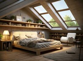 AI generated Cozy bedroom with a bed, chair, shelves, and skylights. The room is decorated in a neutral color palette with pops of color from the plants and artwork. The soft textures and warm tones photo