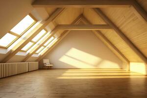 AI generated empty attic with wooden floor, single chair, and skylight, flooded with natural light. The room is spacious and bright, with a unique character created by the sloping ceiling photo