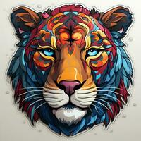 AI generated A mesmerizing and vibrant digital illustration of a jaguar head with bright blue eyes on a plain white background. The jaguar has a fierce expression, and its fur is adorned photo