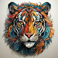 ai generado esta cautivador digital obra de arte representa un majestuoso Tigre con vibrante colores y intrincado detalles. el Tigre piel es un sinfonía de matices, desde profundo blues a vibrante verduras foto