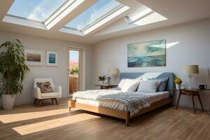 AI generated Rustic bedroom with a skylight, bed, and dresser. The room has a warm and cozy atmosphere, with exposed wood beams, a fireplace, and a plush bed. photo