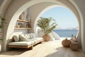 AI generated Inviting living room with a couch, window overlooking the ocean, and palm trees. The room is decorated in a coastal style, with light blue and white walls, and wooden furniture. photo