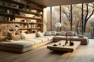 AI generated Stylish living room with a gray couch, wooden coffee table, and shelves in front of a large window. The shelves are decorated with books, plants, and other decorative items. photo