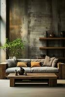 AI generated Stylish living room with a dark blue sofa, white coffee table, and black shelves. The shelves are decorated with books, plants, and other decorative items. photo