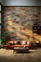 AI generated Stylish living room with an exposed brick wall, black couch, white coffee table, and geometric rug. A few plants and pieces of art add a touch of personality. The room is both modern photo